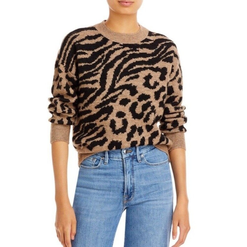 Aqua Mixed Animal Leopard Print Black Animal Print Crewneck Sweater Knit Sz XS